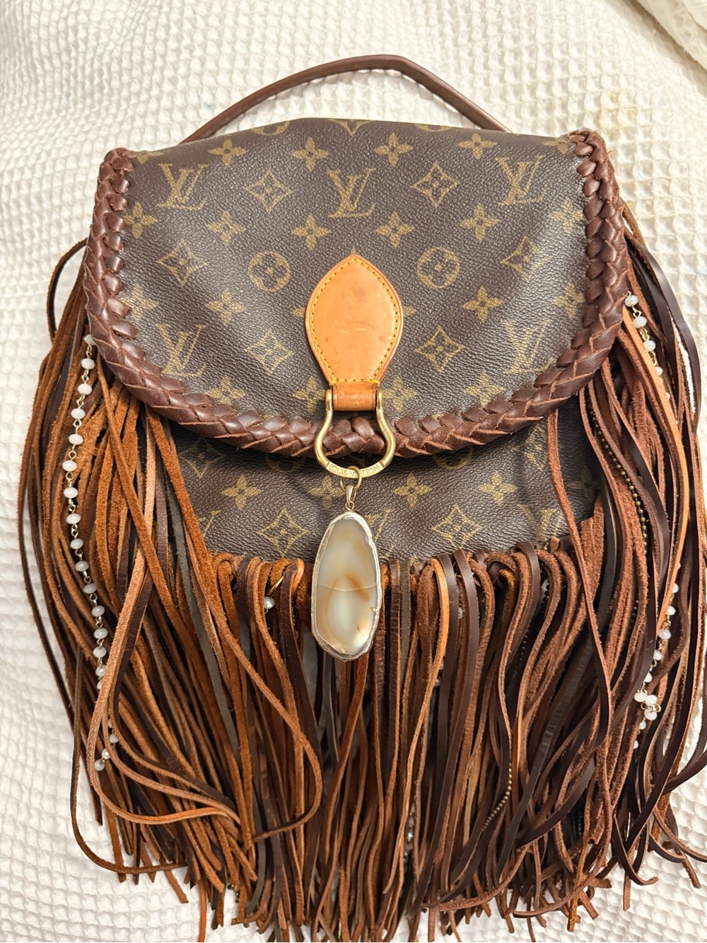 Louis Vuitton -Upcycled Brown Monogram Fringe Leather Backpack with Agate Charm
